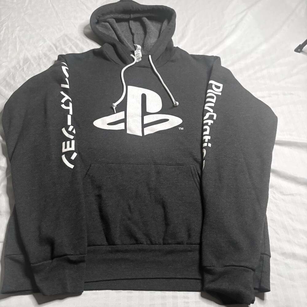 PlayStation Logo Hoodie with Japanese Katakana Sleeve Text Charcoal Grey Size M